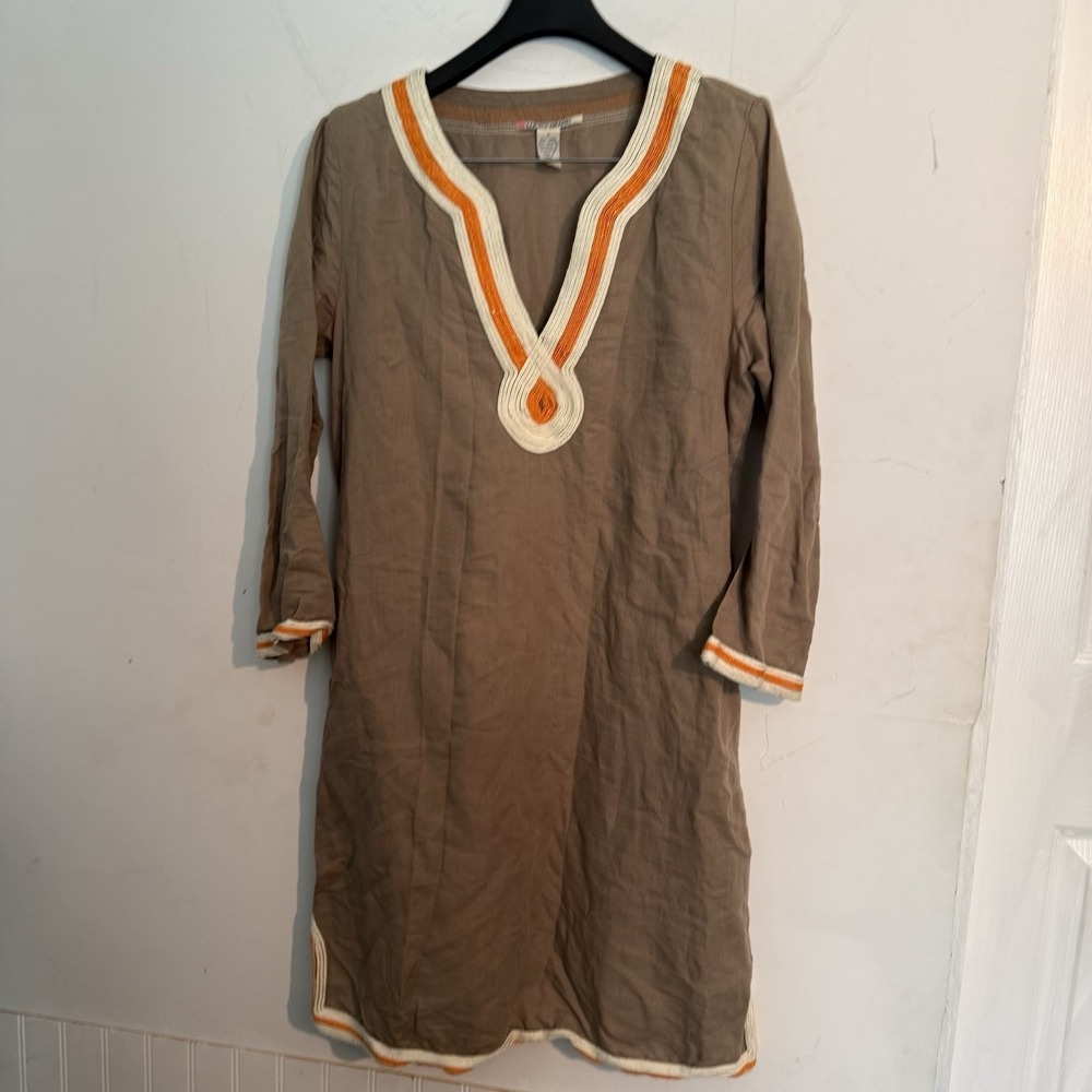 Lucky Brand Linen Dress Small Boho Tunic Taupe Embroidered V Neck Beach Resort - Picture 1 of 5